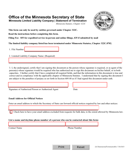 Minnesota Limited Liability Company Statement of Termination - Minnesota Download Pdf