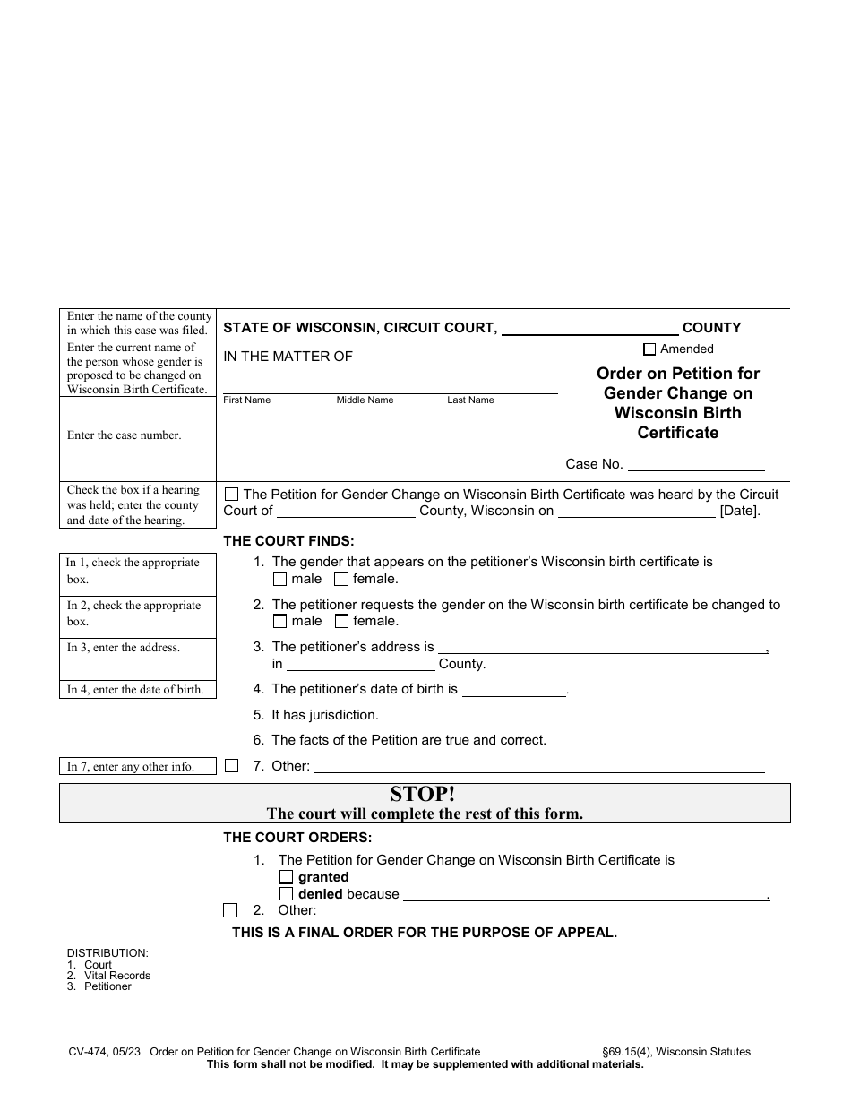 Form CV-474 Order on Petition for Gender Change on Wisconsin Birth Certificate - Wisconsin, Page 1