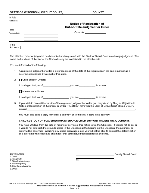 Form FA-4185V Notice of Registration of Out-of-State Judgment or Order - Wisconsin