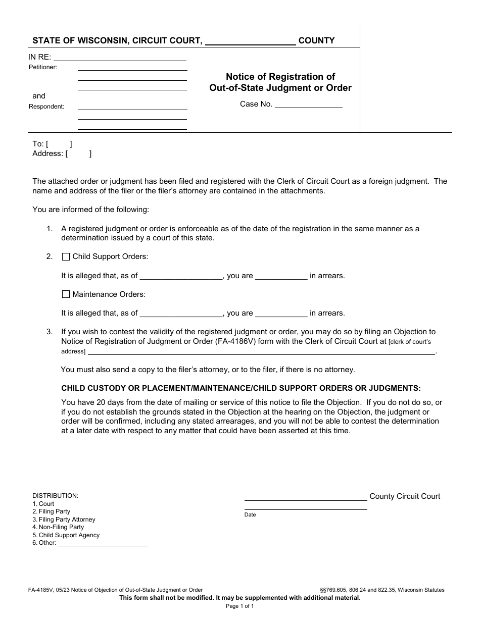 Form FA-4185V Notice of Registration of Out-of-State Judgment or Order - Wisconsin, Page 1