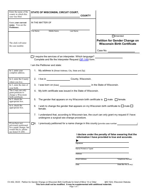 Form CV-452 Petition for Gender Change on Wisconsin Birth Certificate - Wisconsin