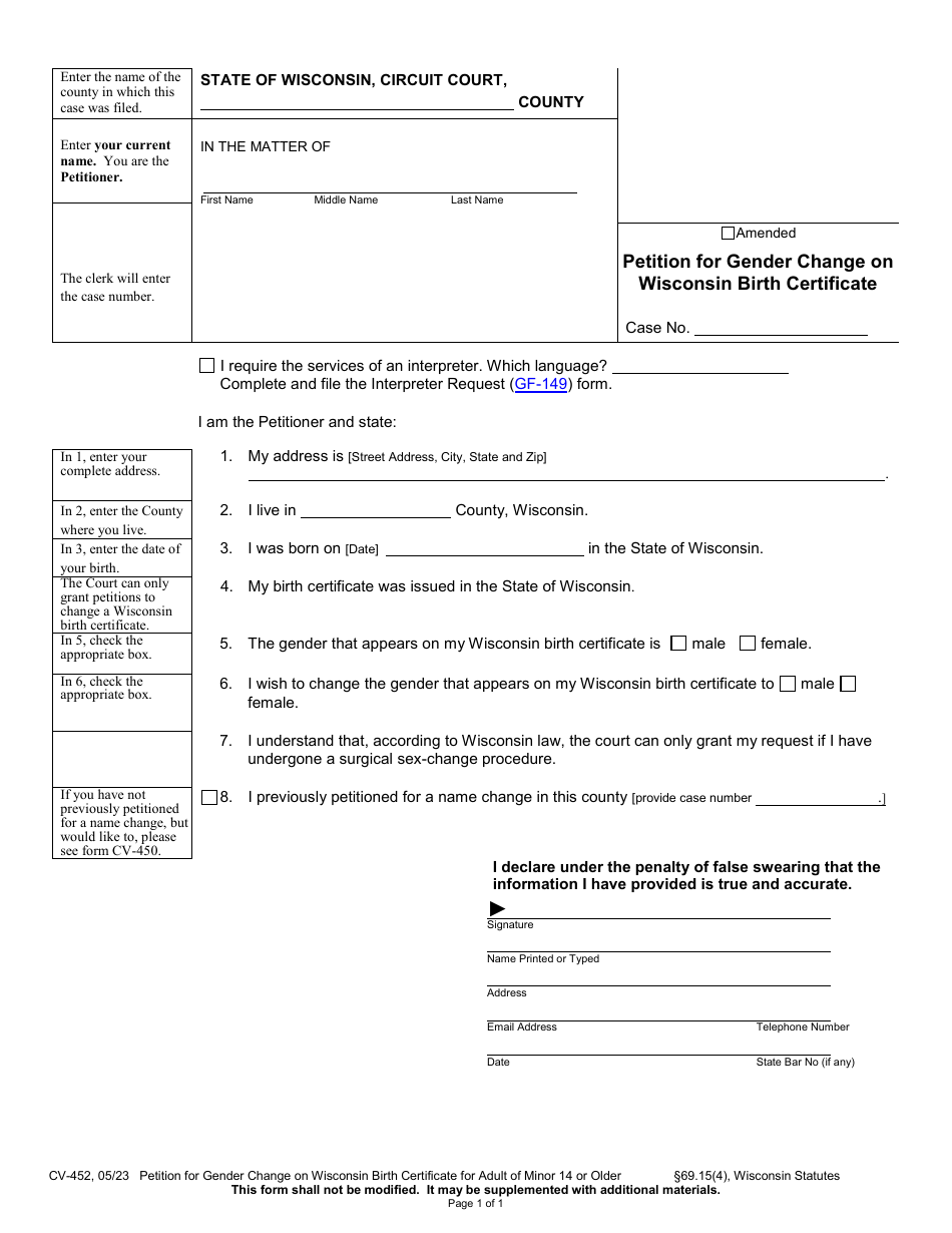 Form CV-452 Petition for Gender Change on Wisconsin Birth Certificate - Wisconsin, Page 1