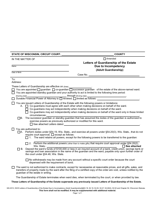 Form GN-3210 Letters of Guardianship of the Estate Due to Incompetency (Adult Guardianship) - Wisconsin