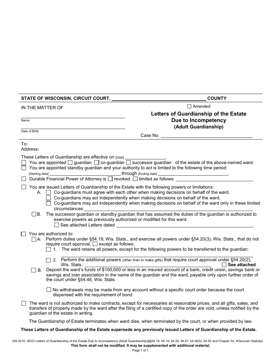 Form GN-3210 Letters of Guardianship of the Estate Due to Incompetency (Adult Guardianship) - Wisconsin, Page 1
