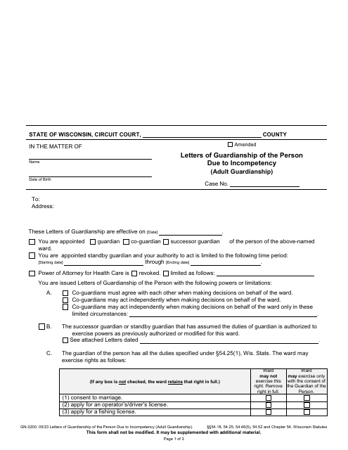 Form GN-3200 Letters of Guardianship of the Person Due to Incompetency (Adult Guardianship) - Wisconsin
