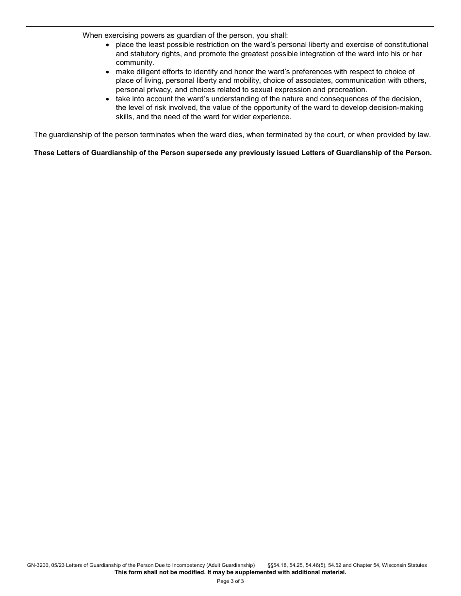 Form GN-3200 Letters of Guardianship of the Person Due to Incompetency (Adult Guardianship) - Wisconsin, Page 3