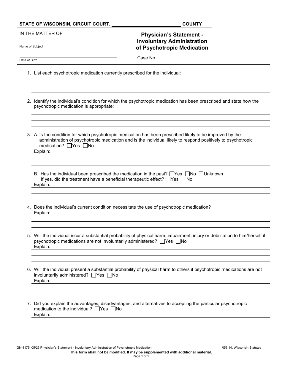 Form GN-4175 Physicians Statement - Involuntary Administration of Psychotropic Medication - Wisconsin, Page 1