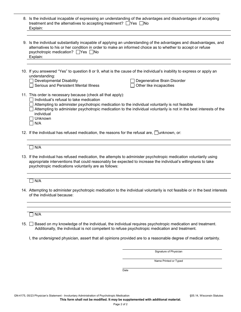 Form GN-4175 Physicians Statement - Involuntary Administration of Psychotropic Medication - Wisconsin, Page 2