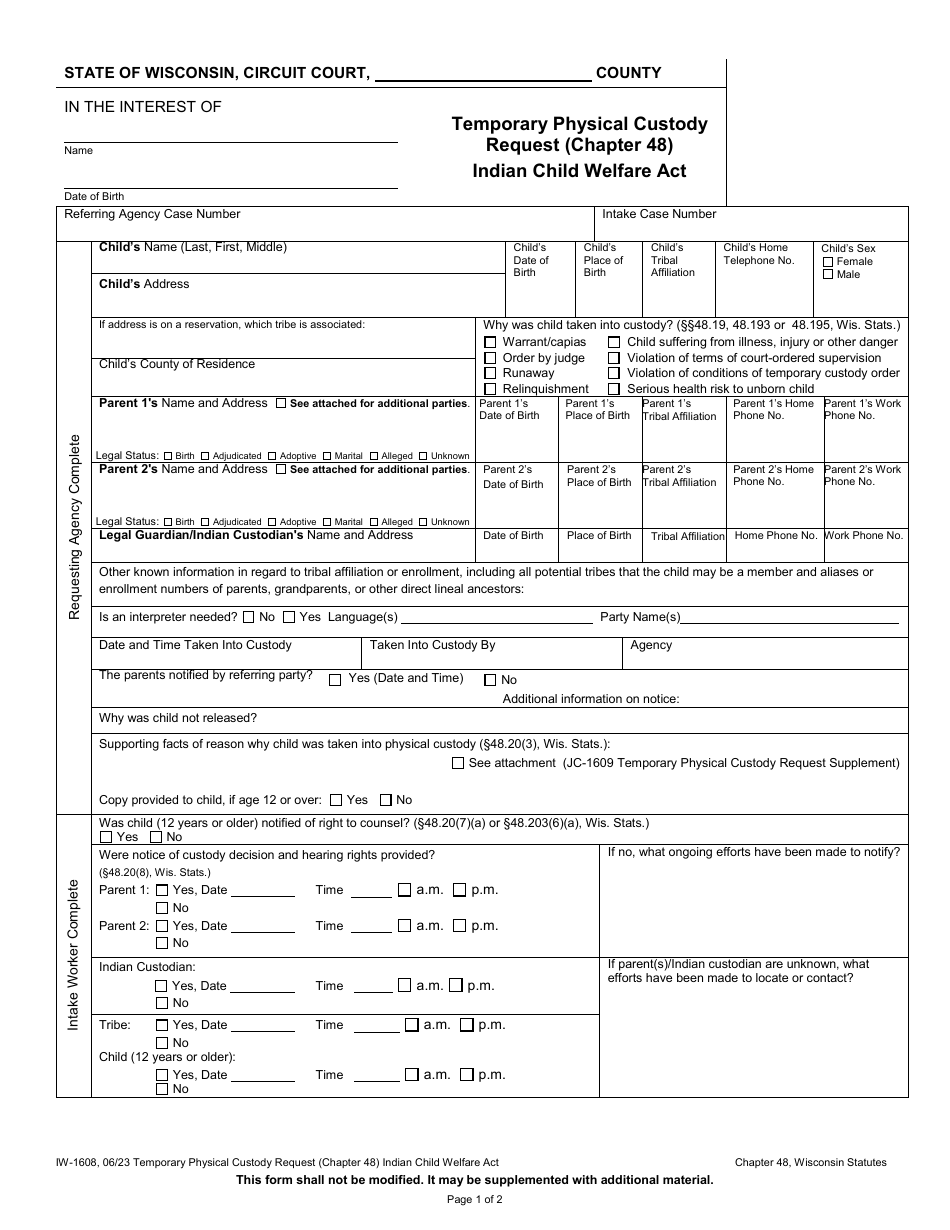 Form IW-1608 Temporary Physical Custody Request (Chapter 48) - Indian Child Welfare Act - Wisconsin, Page 1