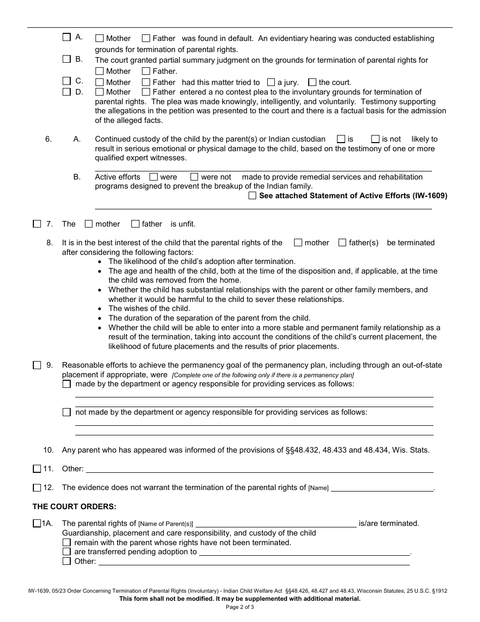 Form IW-1639 Order Concerning Termination of Parental Rights (Involuntary) - Indian Child Welfare Act - Wisconsin, Page 2