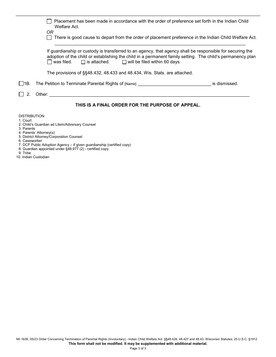 Form IW-1639 Order Concerning Termination of Parental Rights (Involuntary) - Indian Child Welfare Act - Wisconsin, Page 3