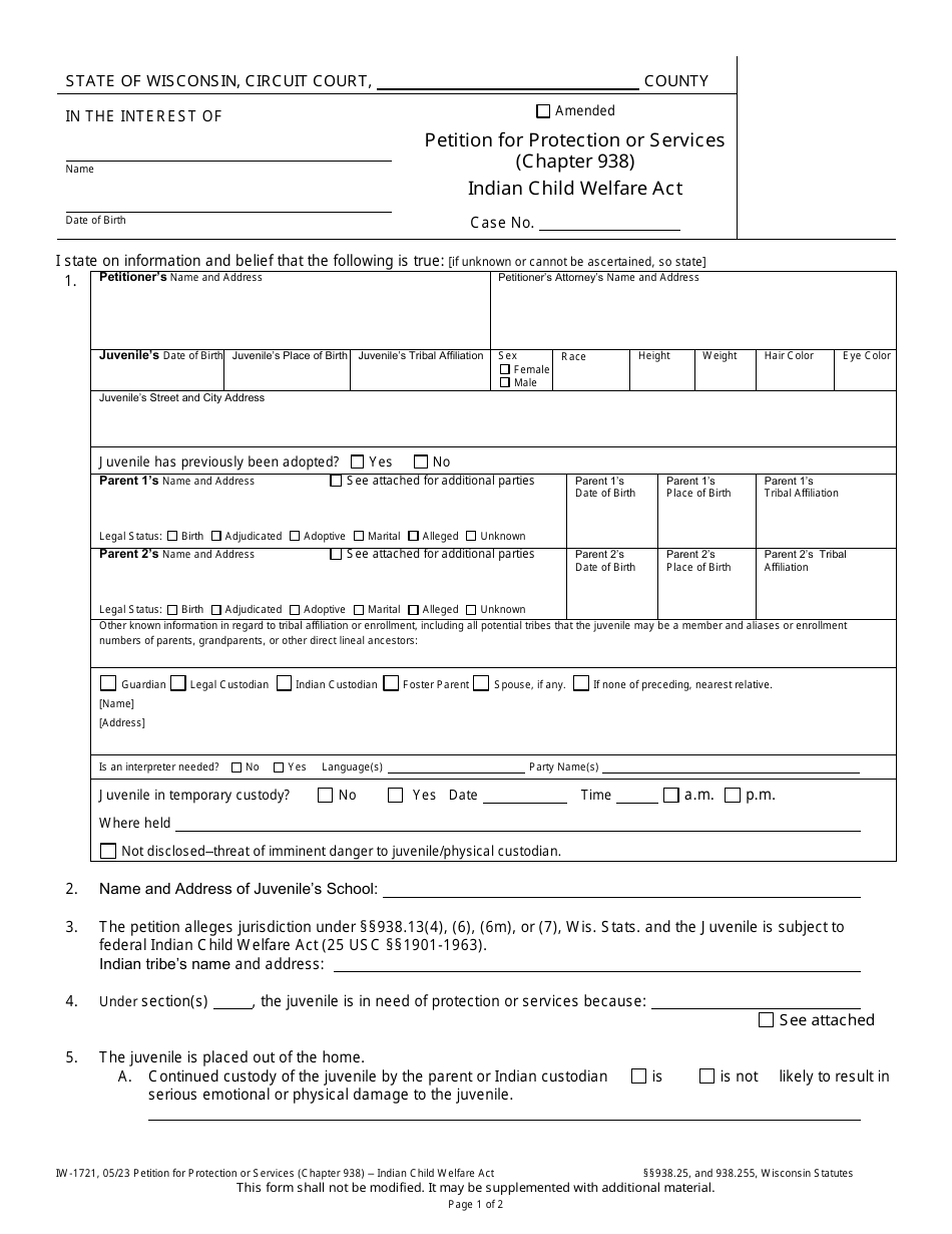 Form IW-1721 Petition for Protection or Services (Chapter 938) - Indian Child Welfare Ac - Wisconsin, Page 1