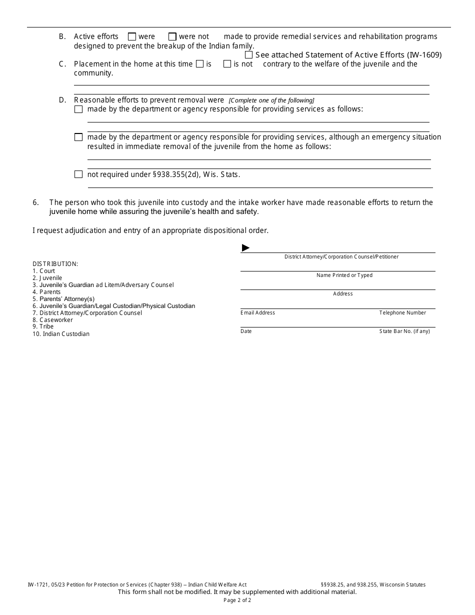 Form IW-1721 Petition for Protection or Services (Chapter 938) - Indian Child Welfare Ac - Wisconsin, Page 2