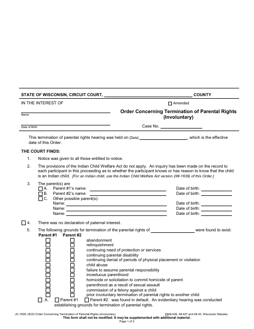 Form JC-1639 Order Concerning Termination of Parental Rights (Involuntary) - Wisconsin