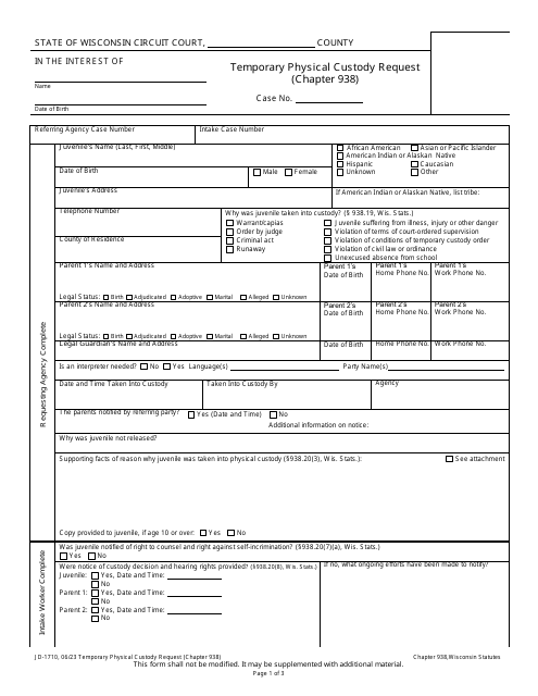 Form JD-1710 Temporary Physical Custody Request (Chapter 938) - Wisconsin
