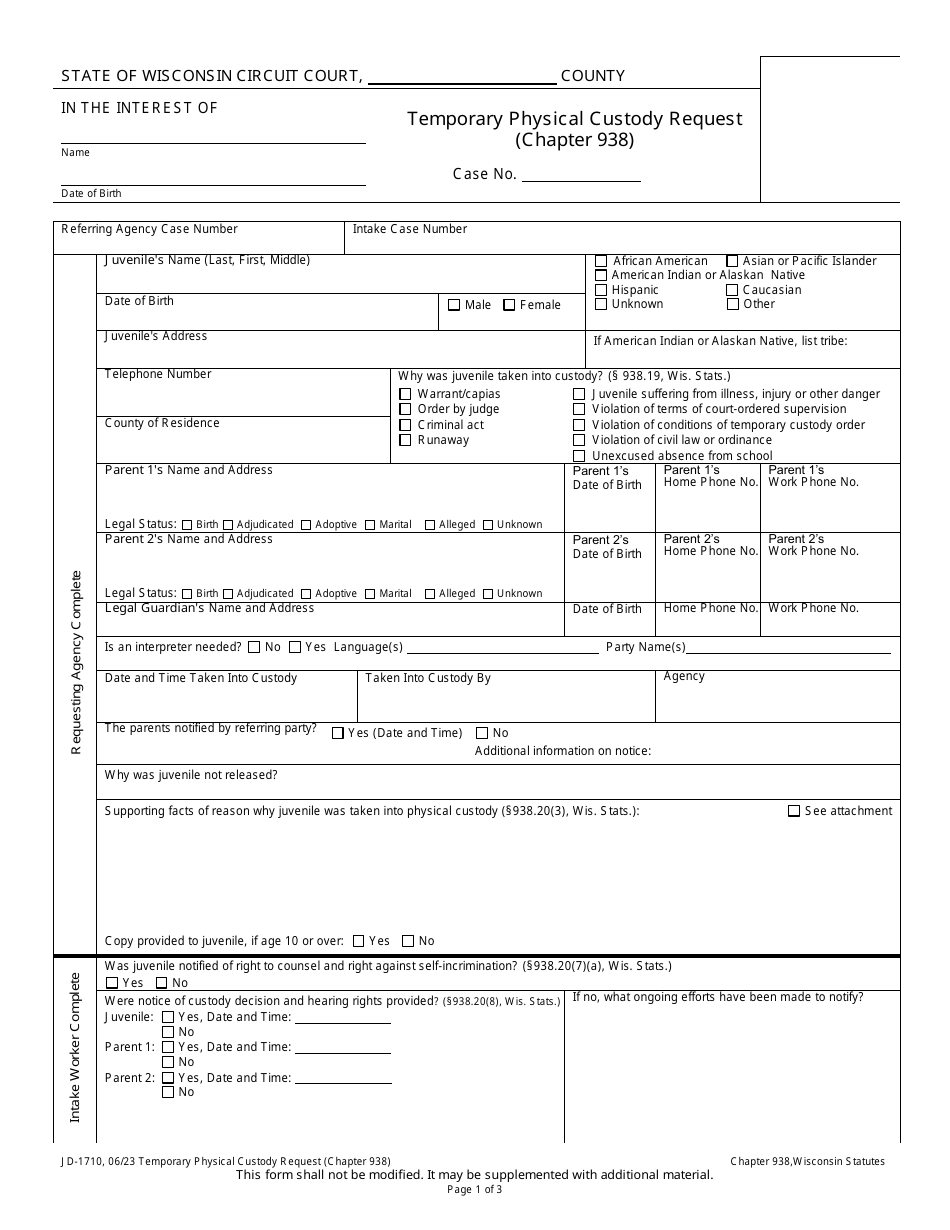 Form JD-1710 Temporary Physical Custody Request (Chapter 938) - Wisconsin, Page 1