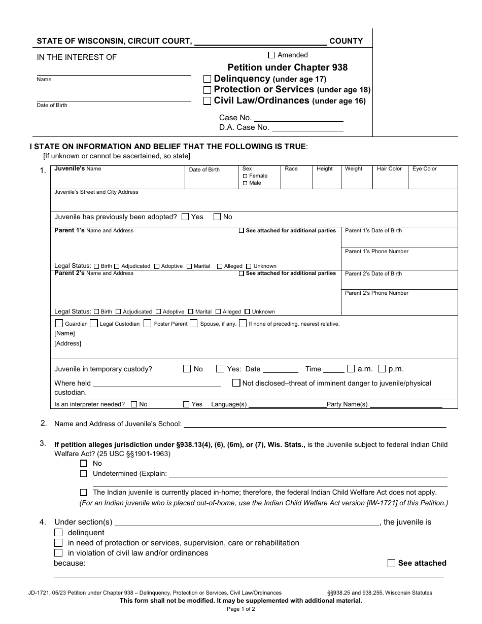Form JD-1721 Petition Under Chapter 938 - Delinquency, Protection or Services, Civil Law / Ordinances - Wisconsin, Page 1