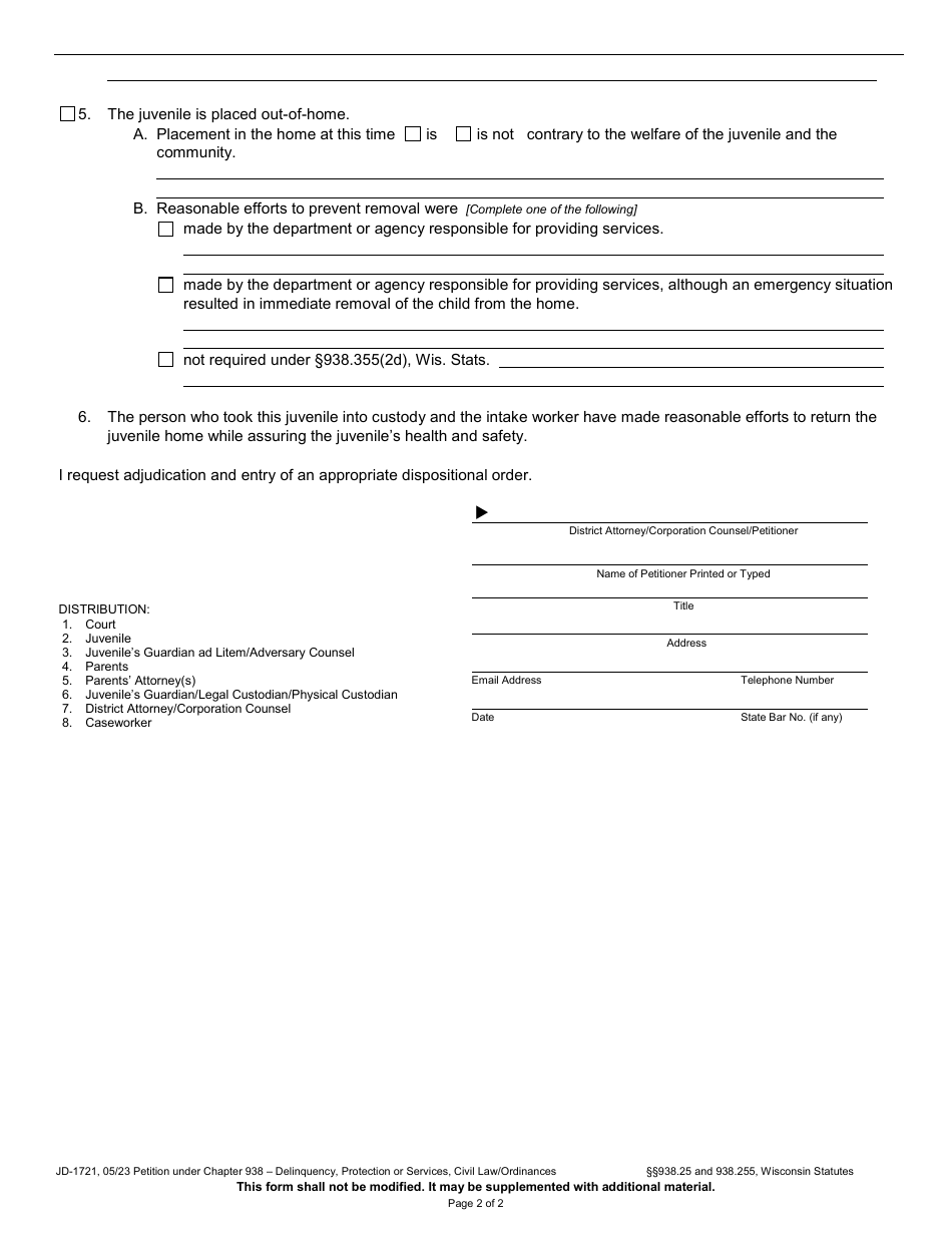 Form JD-1721 Petition Under Chapter 938 - Delinquency, Protection or Services, Civil Law / Ordinances - Wisconsin, Page 2