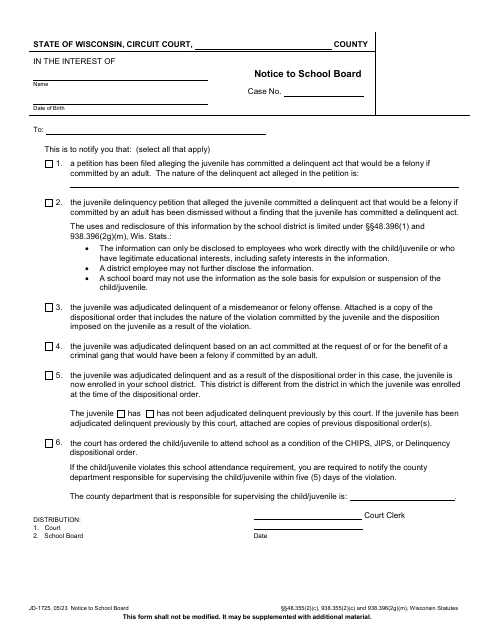 Form JD-1725 Notice to School Board - Wisconsin