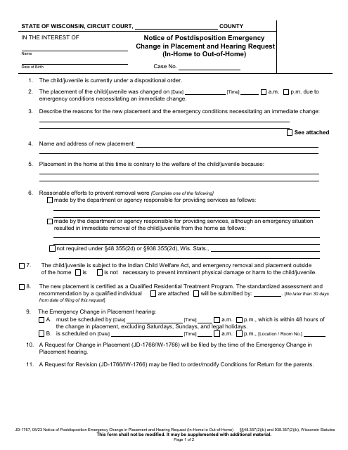Form JD-1767 Notice of Postdisposition Emergency Change in Placement and Hearing Request (In-home to out-Of-Home) - Wisconsin