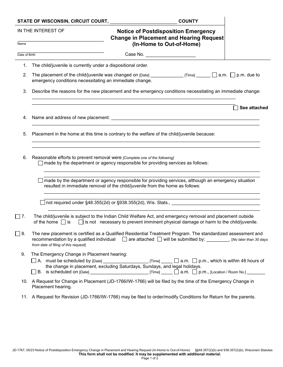 Form JD-1767 Notice of Postdisposition Emergency Change in Placement and Hearing Request (In-home to out-Of-Home) - Wisconsin, Page 1