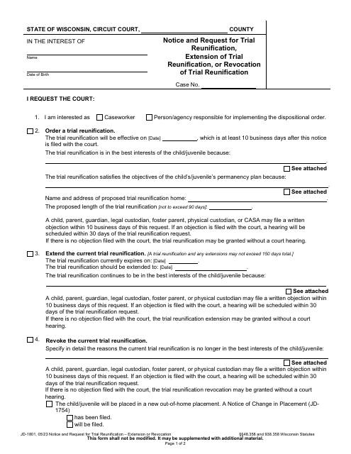 Form JD-1801 Notice and Request for Trial Reunification, Extension of Trial Reunification, or Revocation of Trial Reunification - Wisconsin