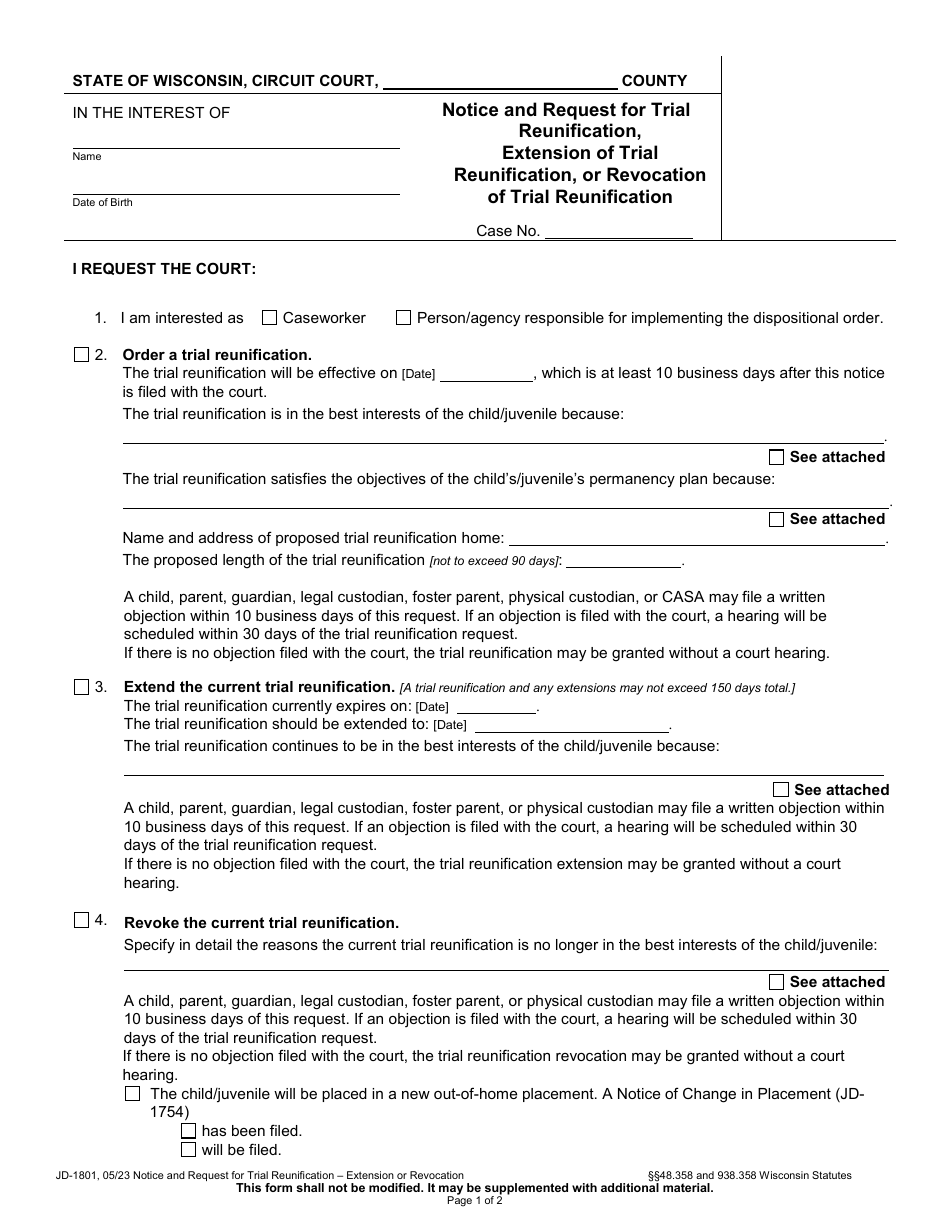 Form JD-1801 Notice and Request for Trial Reunification, Extension of Trial Reunification, or Revocation of Trial Reunification - Wisconsin, Page 1