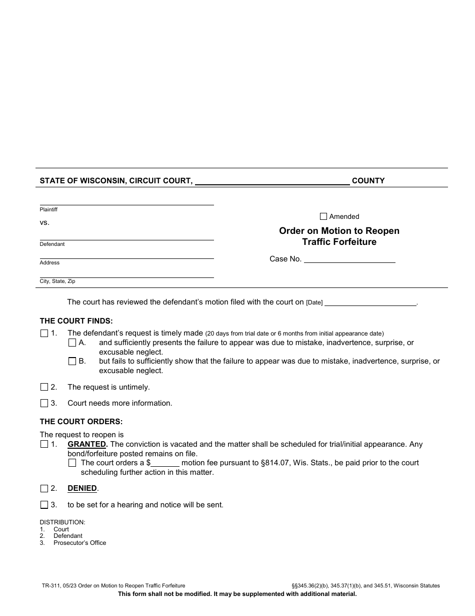 Form TR311 Download Printable PDF or Fill Online Order on Motion to