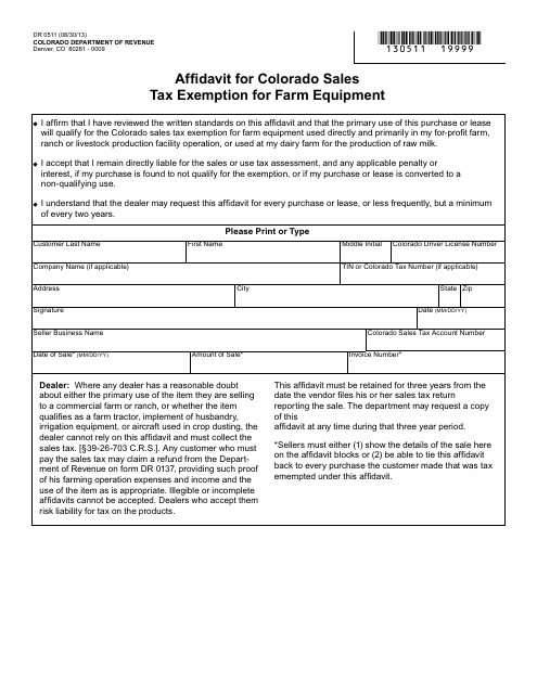 Form DR0511 Affidavit for Colorado Sales Tax Exemption for Farm Equipment - Colorado