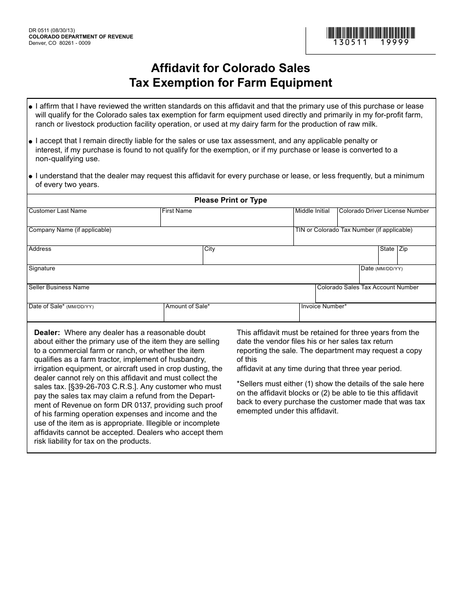 Form DR0511 Affidavit for Colorado Sales Tax Exemption for Farm Equipment - Colorado, Page 1