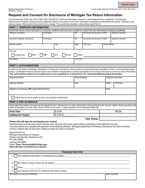 Form 4095 Request and Consent for Disclosure of Michigan Tax Return Information - Michigan