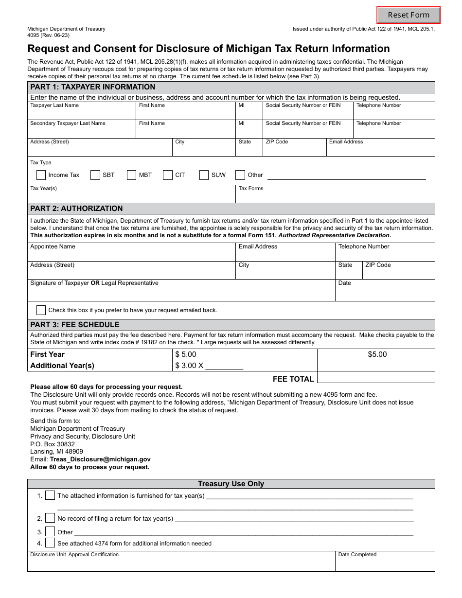 Form 4095 Request and Consent for Disclosure of Michigan Tax Return Information - Michigan, Page 1