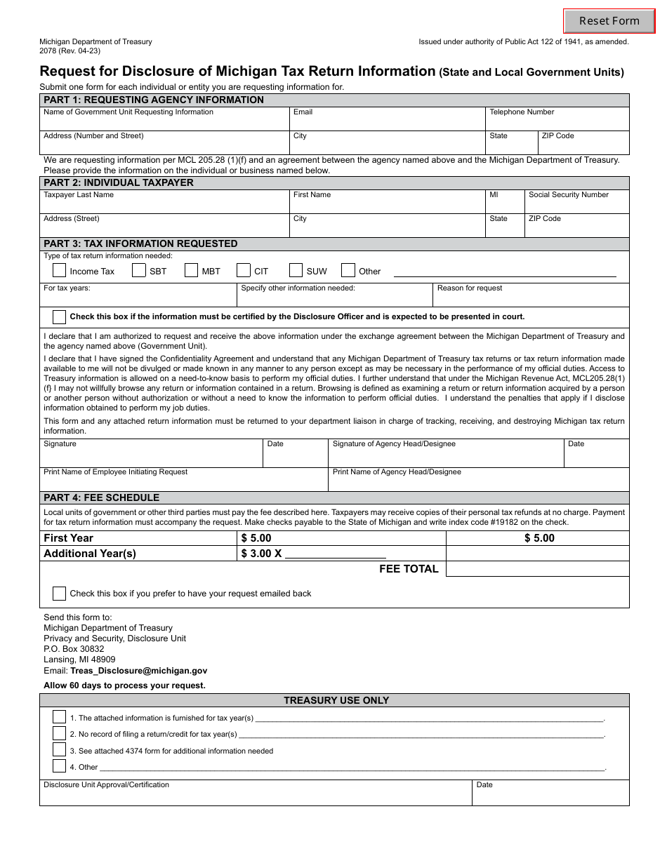 Form 2078 Request for Disclosure of Michigan Tax Return Information (State and Local Government Units) - Michigan, Page 1