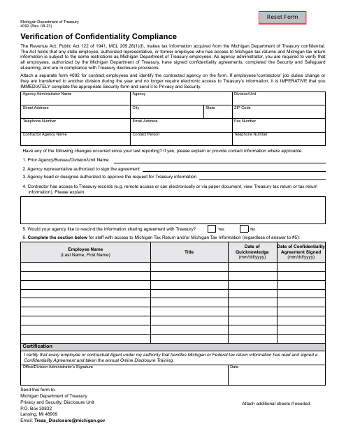 Form 4092 Verification of Confidentiality Compliance - Michigan