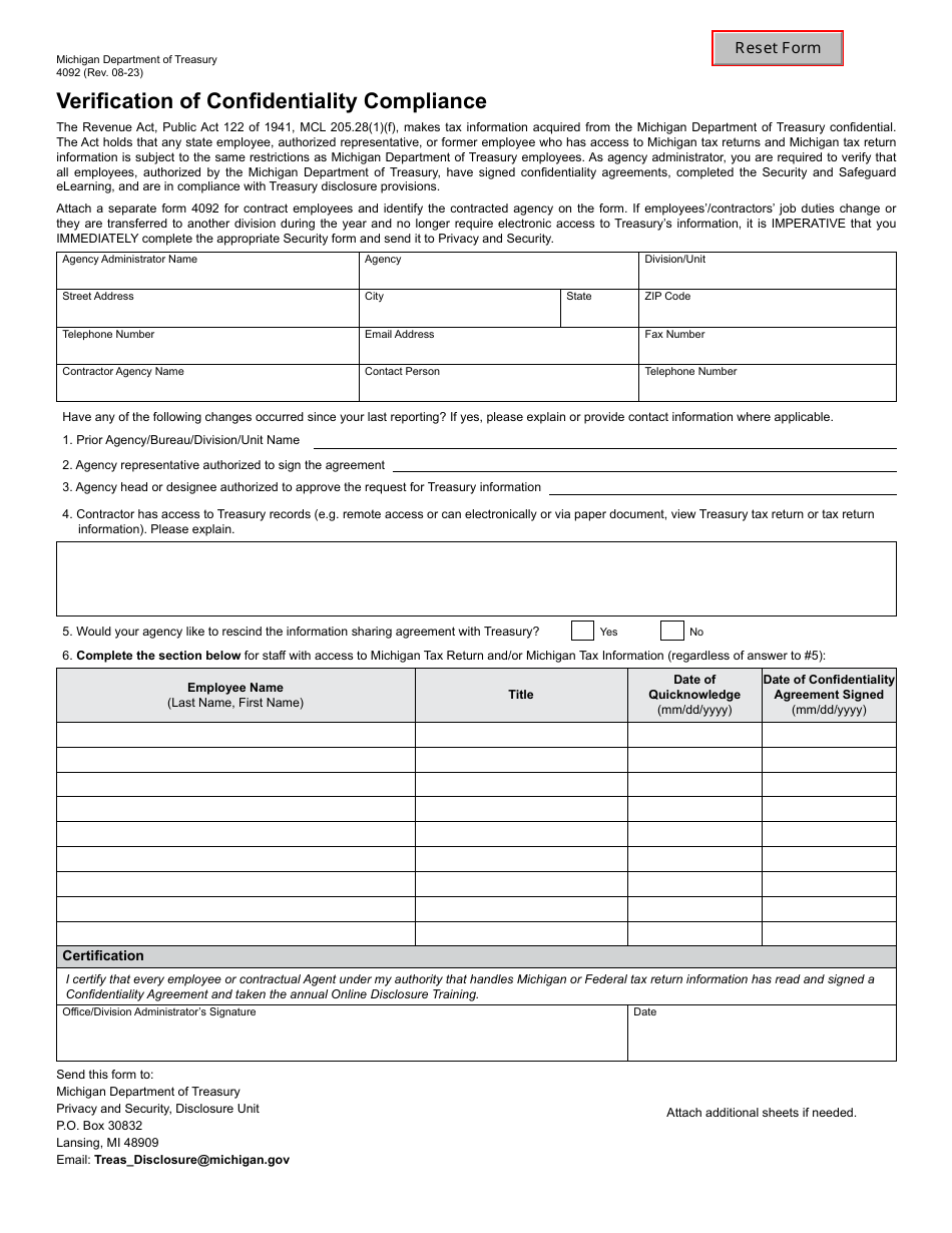 Form 4092 Verification of Confidentiality Compliance - Michigan, Page 1