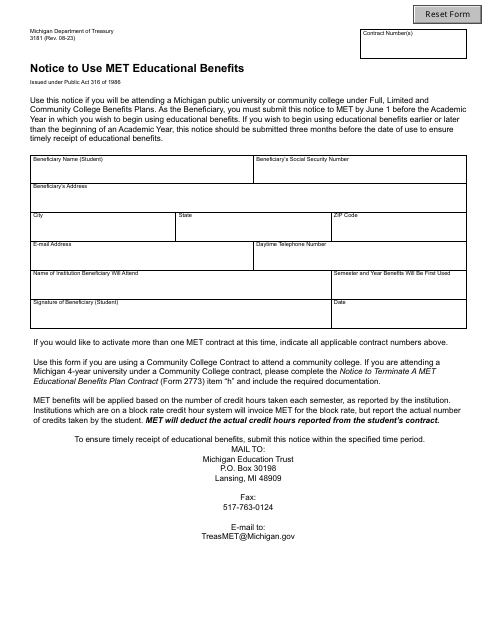 Form 3181 Notice to Use Met Educational Benefits - Michigan