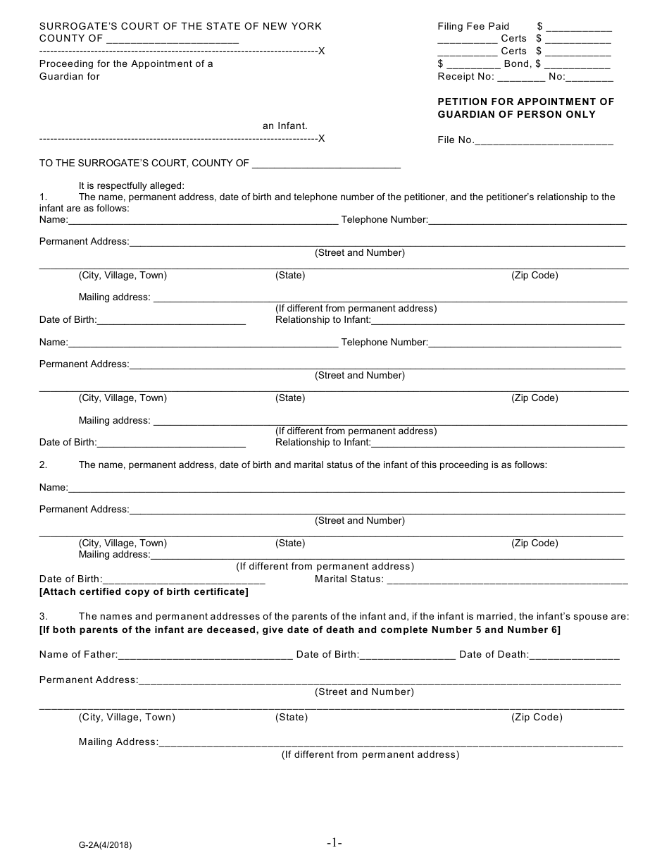 Form G-2A Petition for Appointment of Guardian of Person Only - New York, Page 1