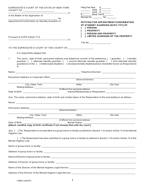 Form CSMD-1 Petition for Appointment/Confirmation of Standby Guardian (Scpa 1757) - New York