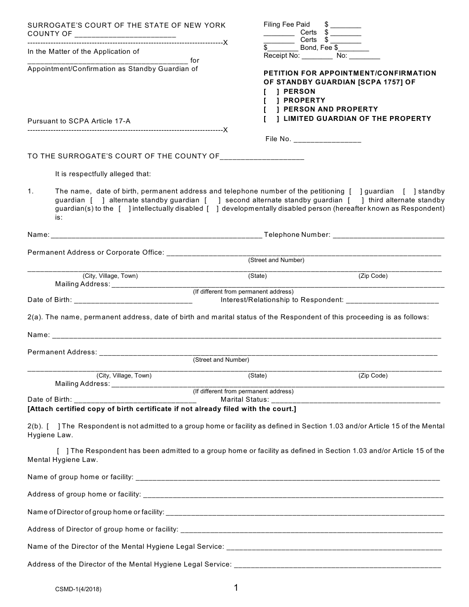 Form CSMD-1 Petition for Appointment / Confirmation of Standby Guardian (Scpa 1757) - New York, Page 1