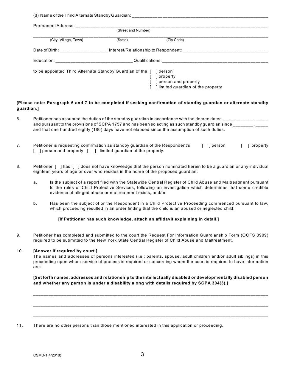 Form CSMD-1 Petition for Appointment / Confirmation of Standby Guardian (Scpa 1757) - New York, Page 3