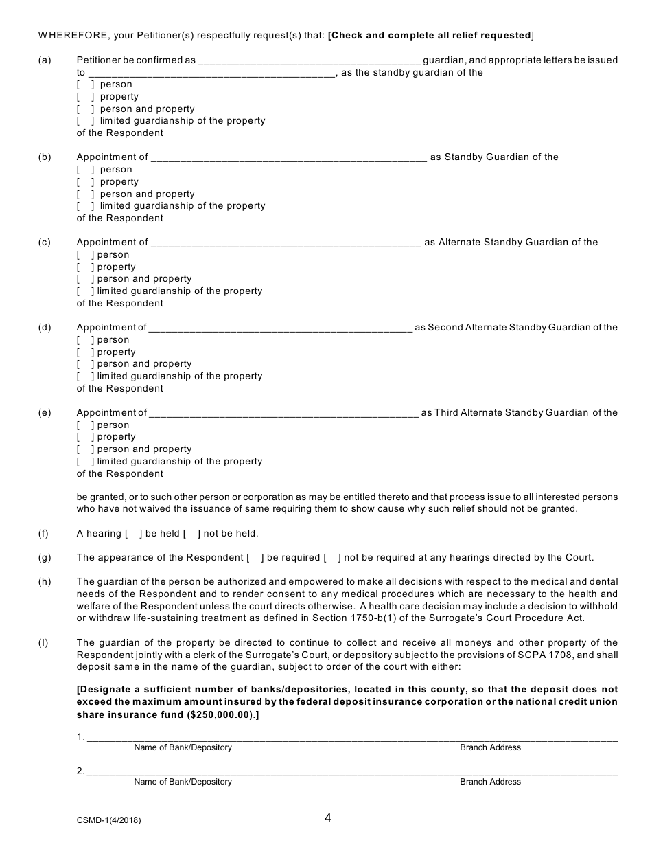 Form CSMD-1 Petition for Appointment / Confirmation of Standby Guardian (Scpa 1757) - New York, Page 4