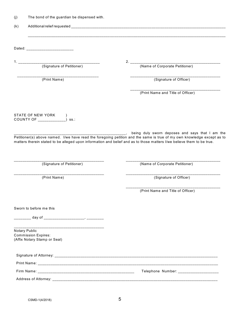Form CSMD-1 Petition for Appointment / Confirmation of Standby Guardian (Scpa 1757) - New York, Page 5
