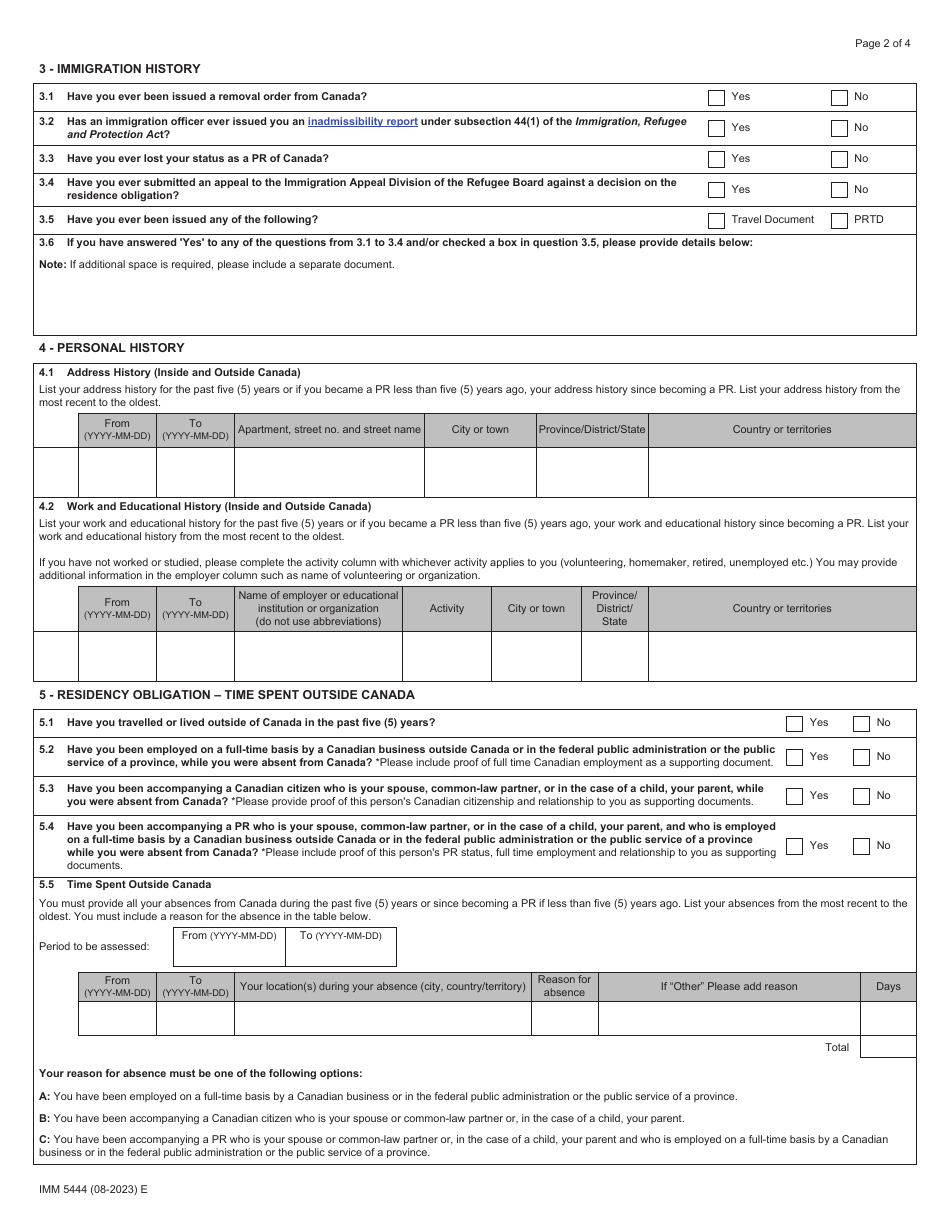 Form IMM5444 Application for a Permanent Resident Card (Pr Card) or Permanent Resident Travel Document (Prtd) - Canada, Page 2