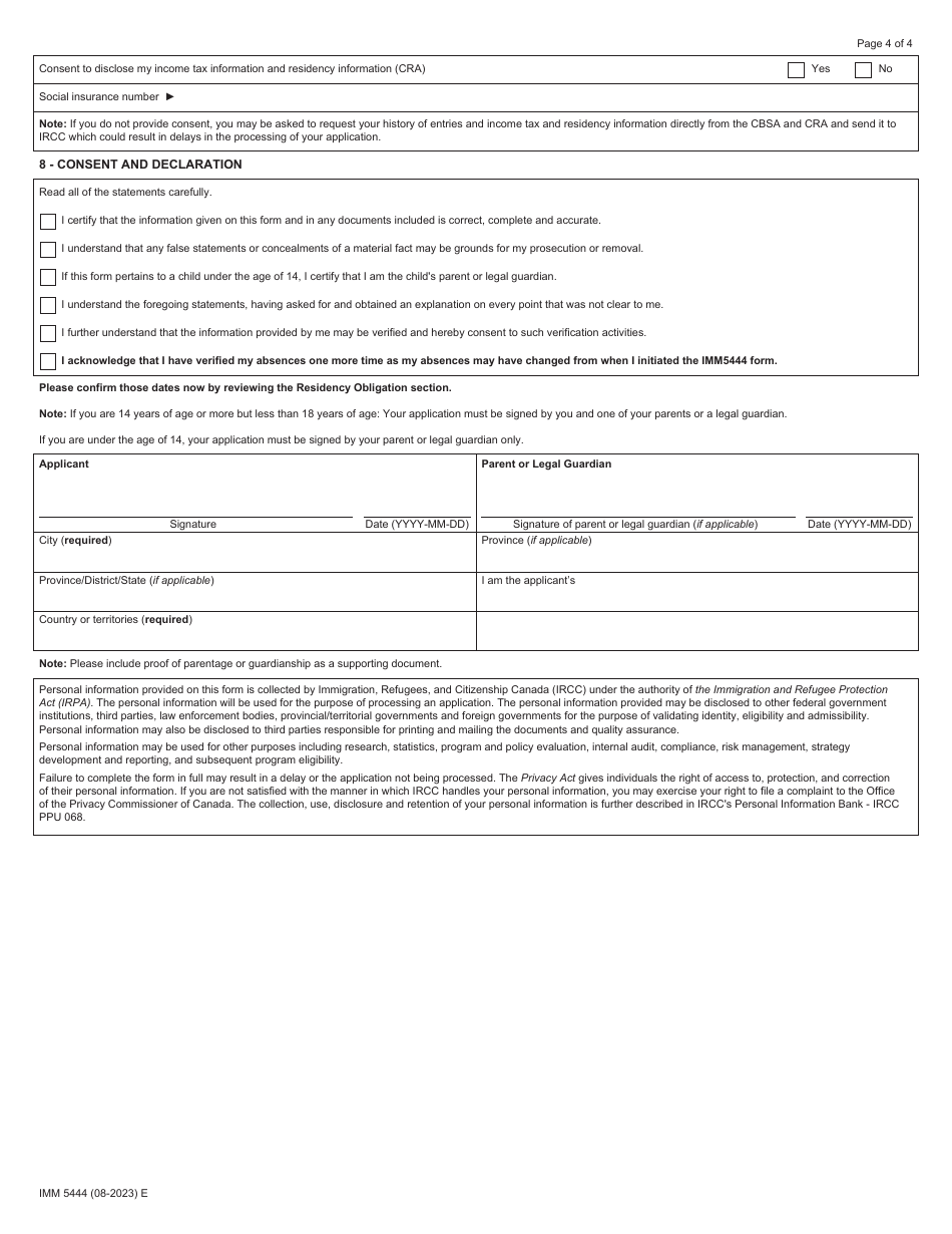 Form IMM5444 Application for a Permanent Resident Card (Pr Card) or Permanent Resident Travel Document (Prtd) - Canada, Page 4