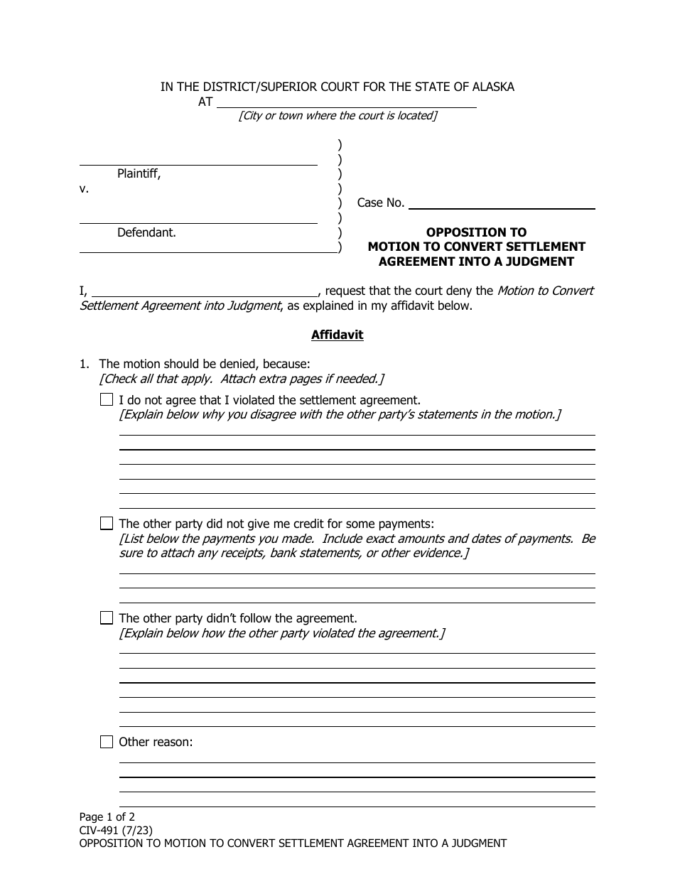 Form CIV-491 Download Fillable PDF or Fill Online Opposition to Motion ...