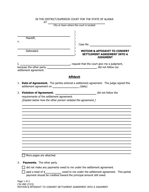 Form CIV-490 Motion & Affidavit to Convert Settlement Agreement Into a Judgment - Alaska