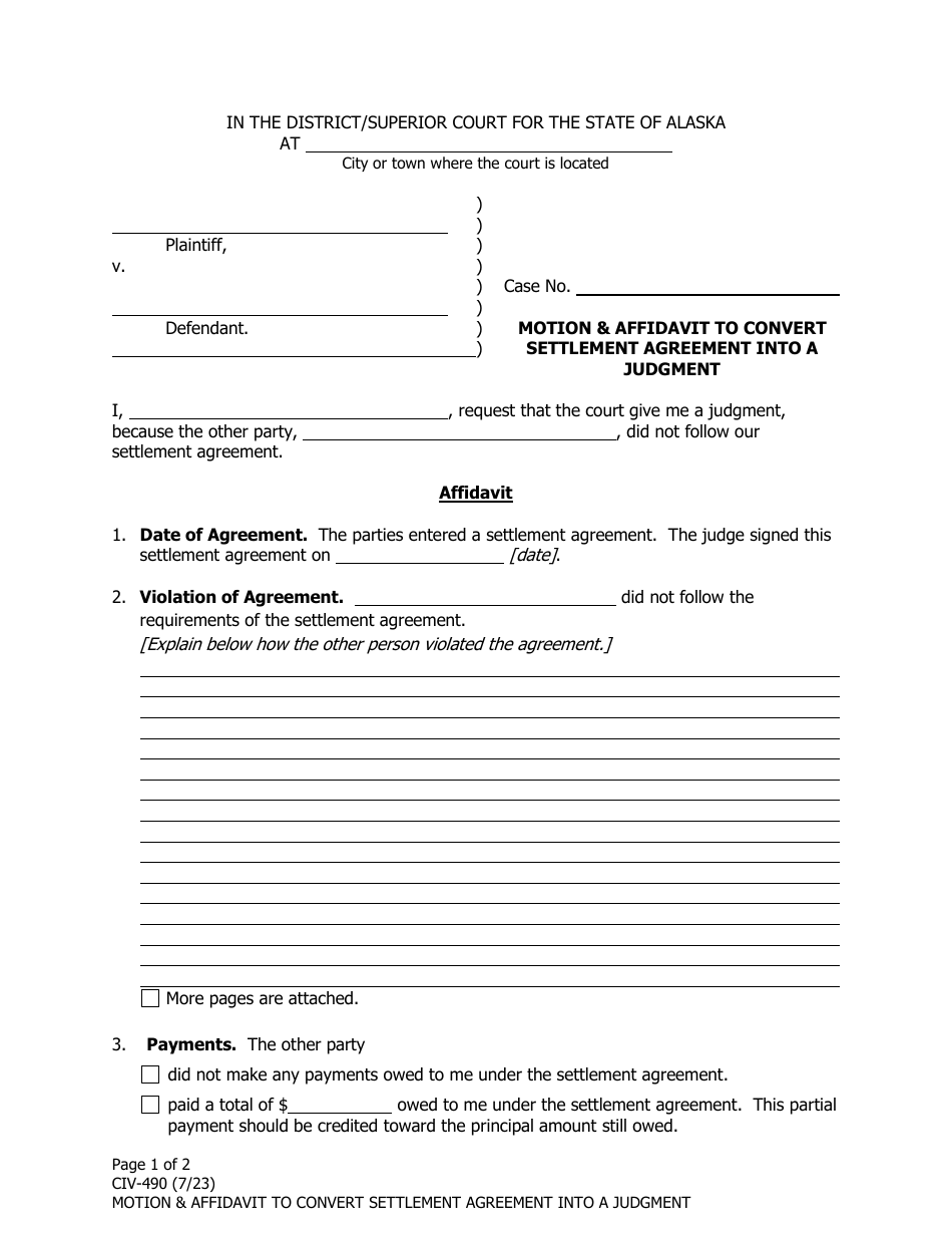 Form CIV-490 Motion  Affidavit to Convert Settlement Agreement Into a Judgment - Alaska, Page 1