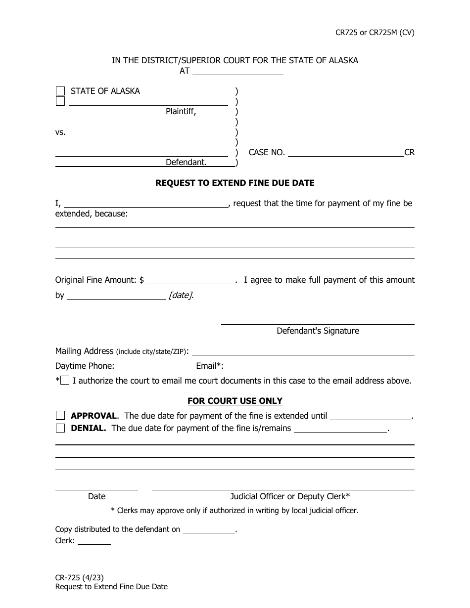 Form CR-725 Request to Extend Fine Due Date - Alaska, Page 1