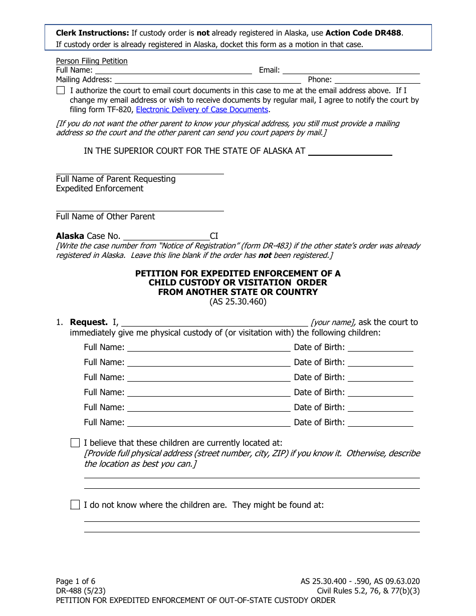 Form DR-488 Petition for Expedited Enforcement of a Child Custody or Visitation Order From Another State or Country - Alaska, Page 1
