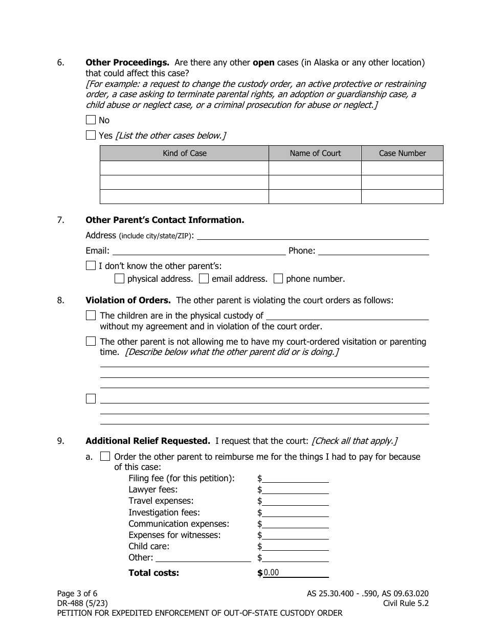 Form DR-488 Petition for Expedited Enforcement of a Child Custody or Visitation Order From Another State or Country - Alaska, Page 3